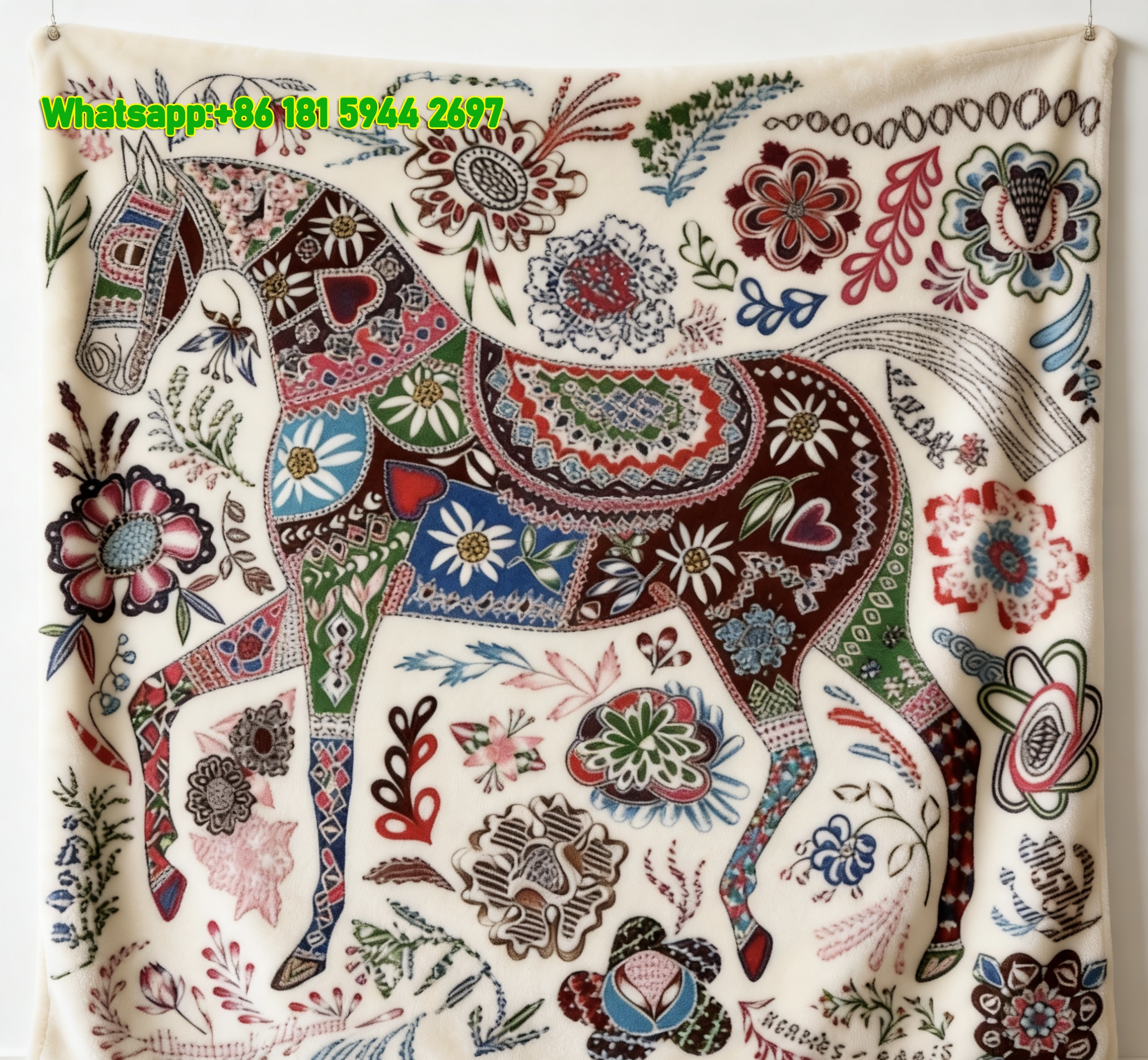 Hermès Vibrant Folk Art Horse Flannel Throw Blanket IMG_5261